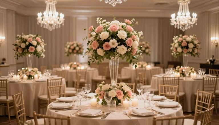 elegant wedding reception with romantic lighting and floral centerpieces