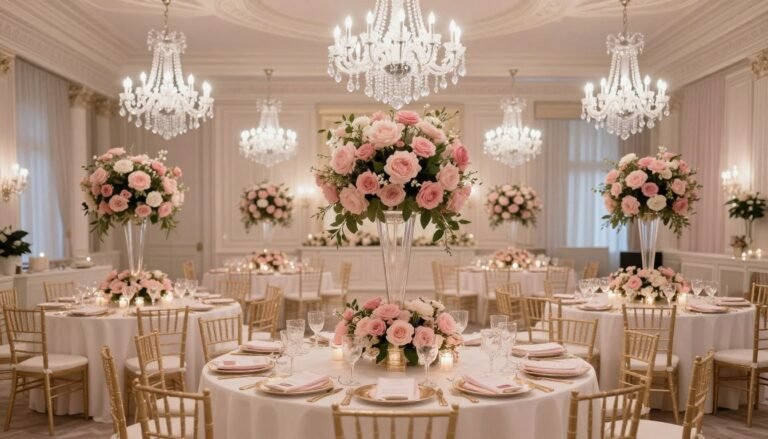 elegant wedding reception with romantic theme featuring soft florals and candlelight