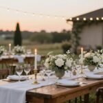 elegant wedding rehearsal dinner table setting with candles and flowers