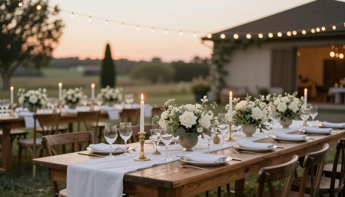 elegant wedding rehearsal dinner table setting with candles and flowers