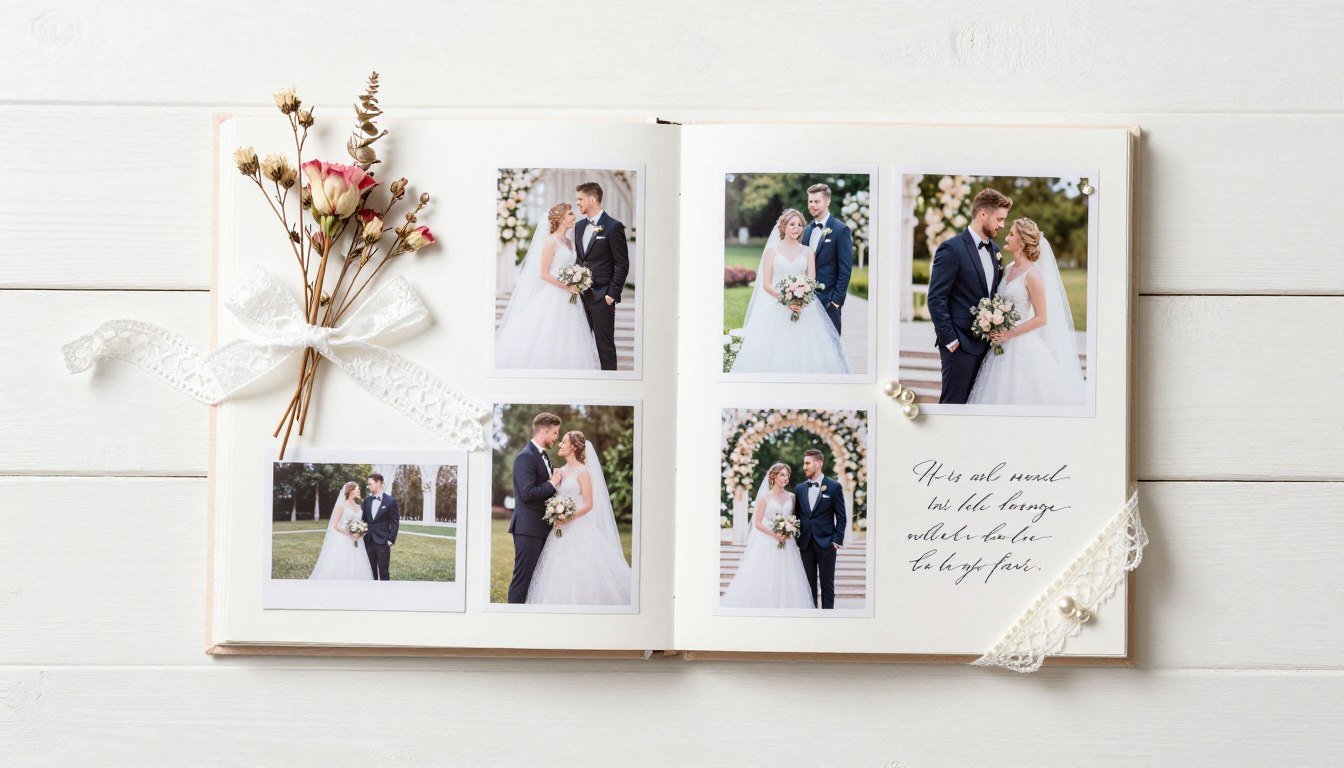 elegant wedding scrapbook ideas with floral embellishments and vintage photos