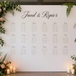 elegant wedding seating chart display with calligraphy and floral accents