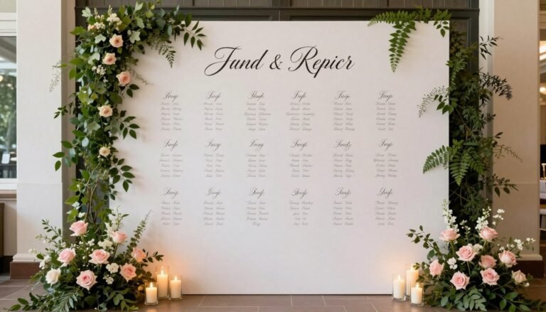 elegant wedding seating chart display with calligraphy and floral accents