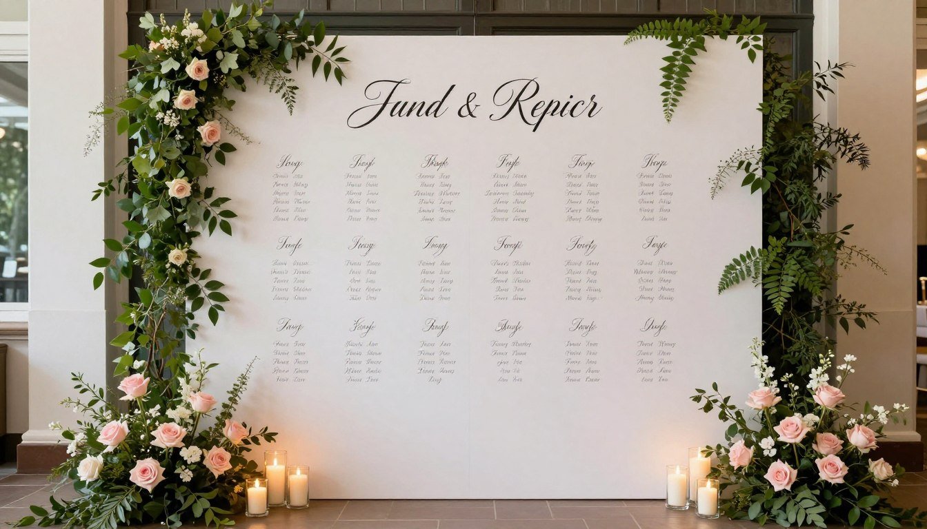 elegant wedding seating chart display with calligraphy and floral accents