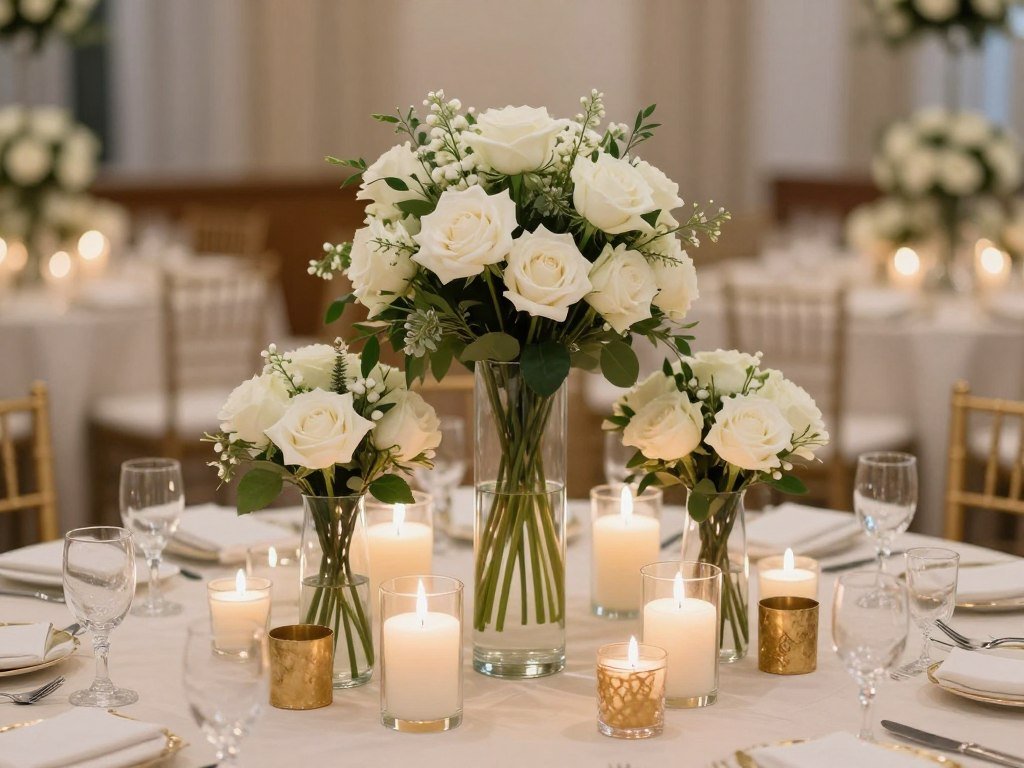 elegant wedding table centerpiece with candles and flowers