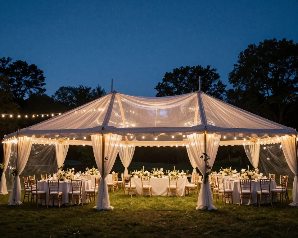 elegant wedding tent with clear top and romantic lighting