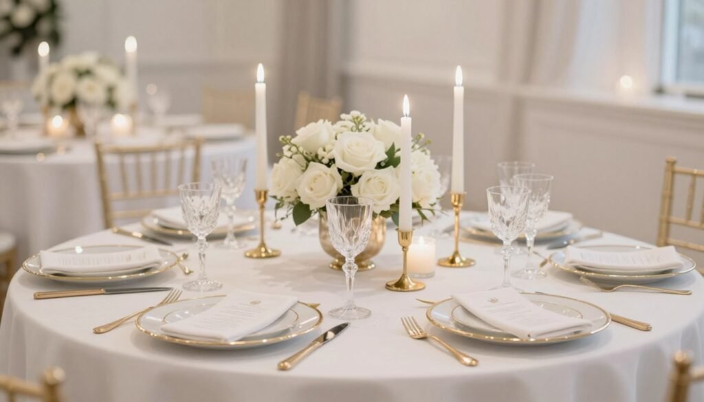 elegant white and gold bridal shower table setting with romantic lighting elegant white and gold bridal shower table setting with romantic lighting