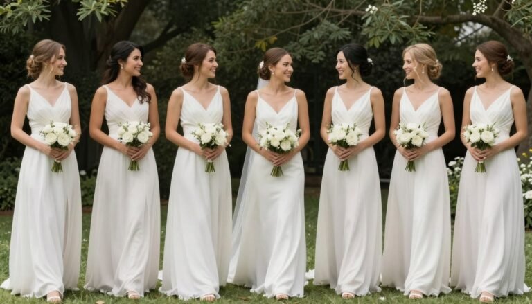 elegant white bridesmaid dresses at outdoor wedding ceremony
