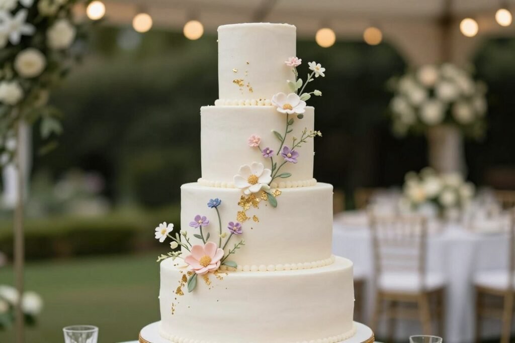 elegant white wedding cake with sugar wildflowers