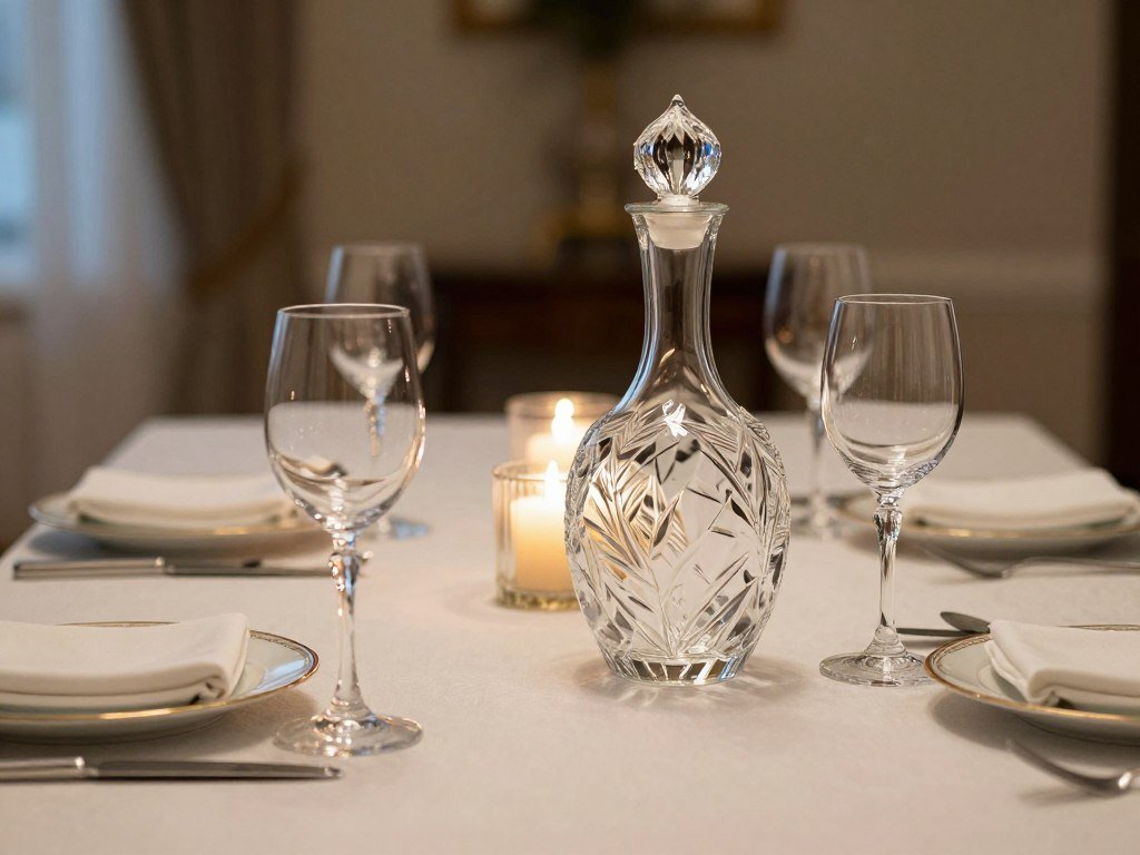 elegant wine glasses and decanter on dining table