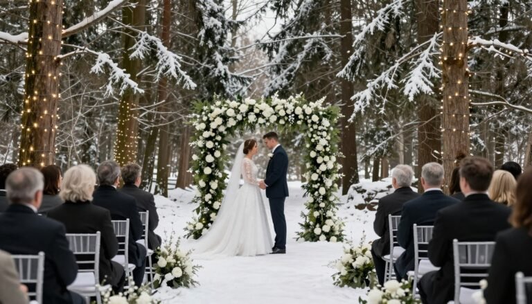 elegant winter wedding ceremony with snow-covered pine trees and fairy lights