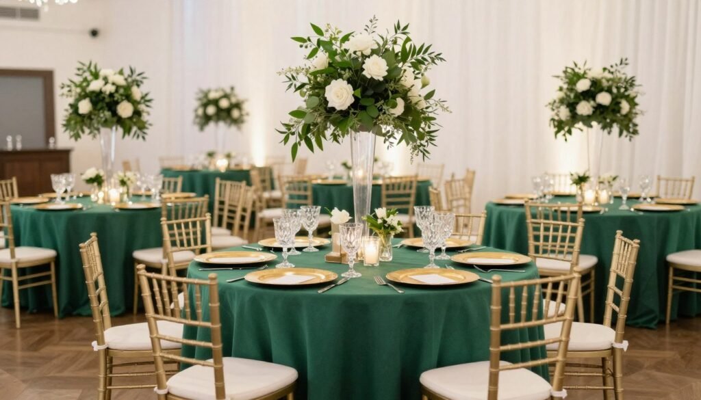 emerald green and gold wedding reception tables