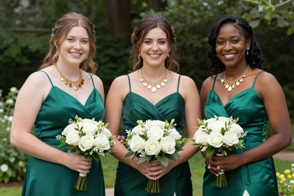 emerald green bridesmaid dresses with gold jewelry