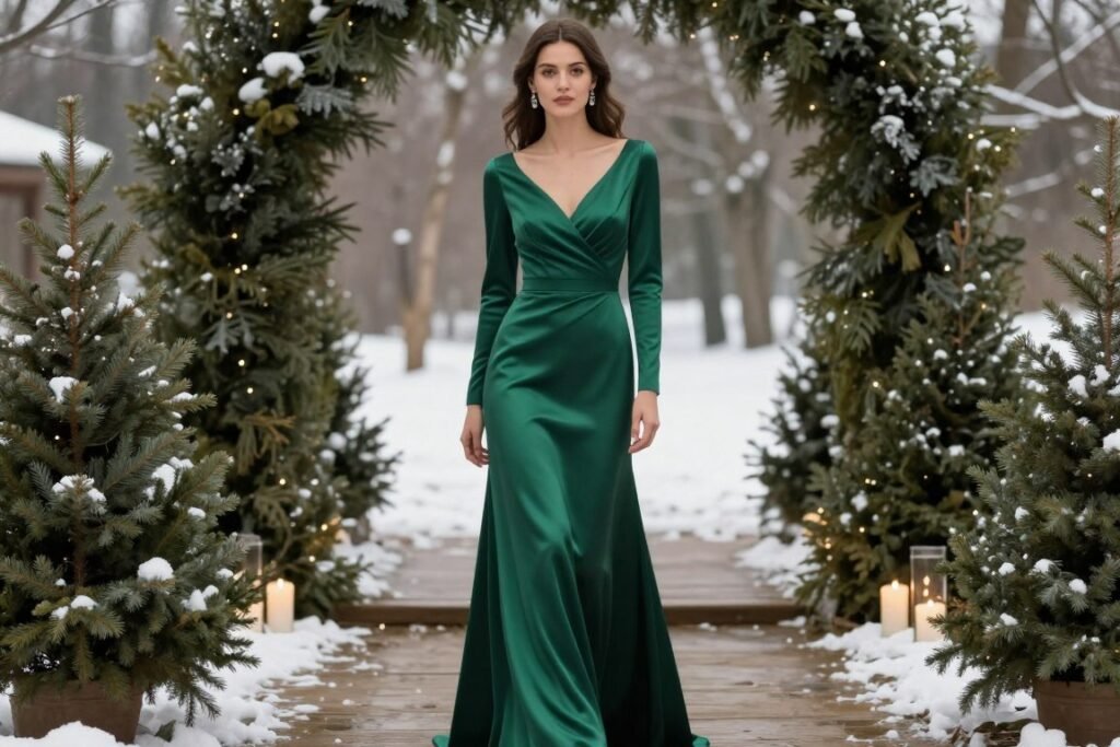 emerald satin dress with long sleeves winter