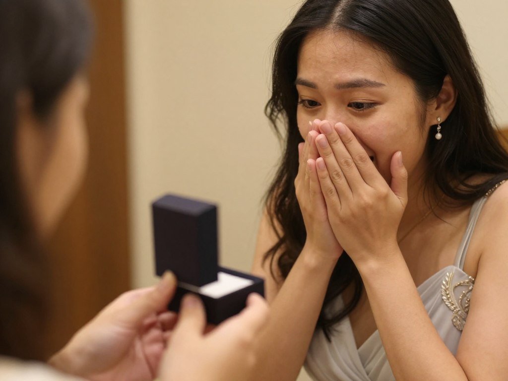 emotional moment of bridesmaid opening proposal gift box