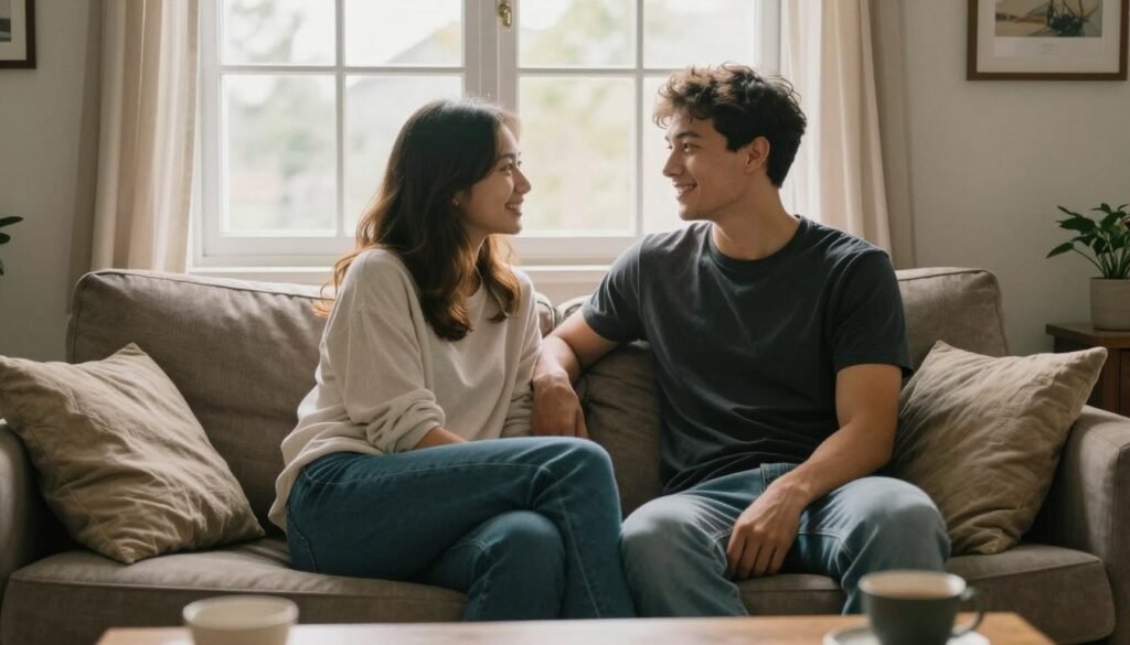 engagement photo at home cozy living room couple