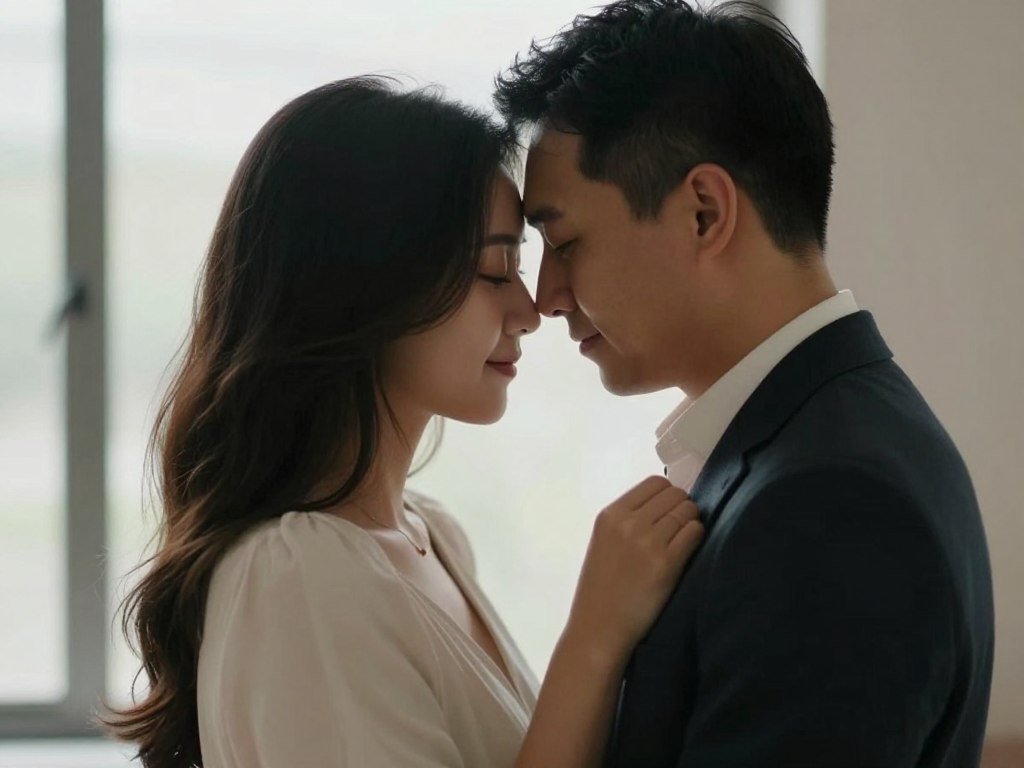engagement photo romantic couple embracing forehead touch