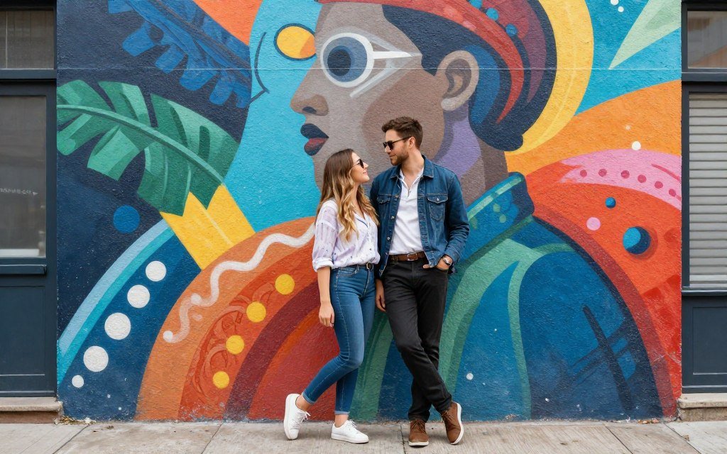engagement photo street art mural colorful urban backdrop