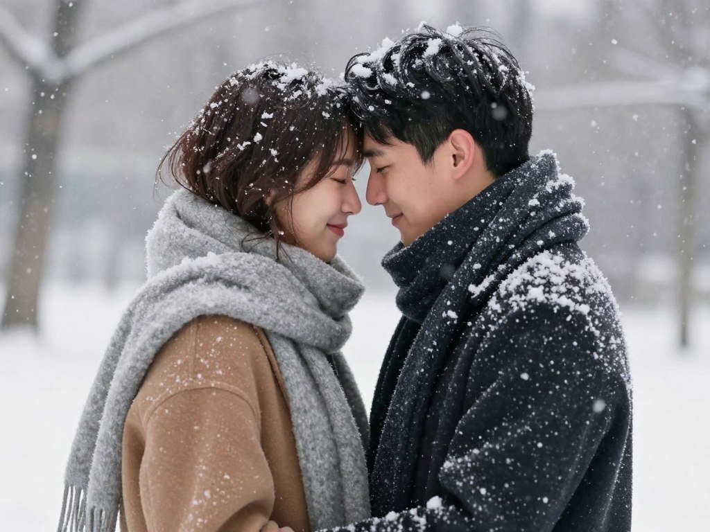engagement photo winter snow couple cozy attire