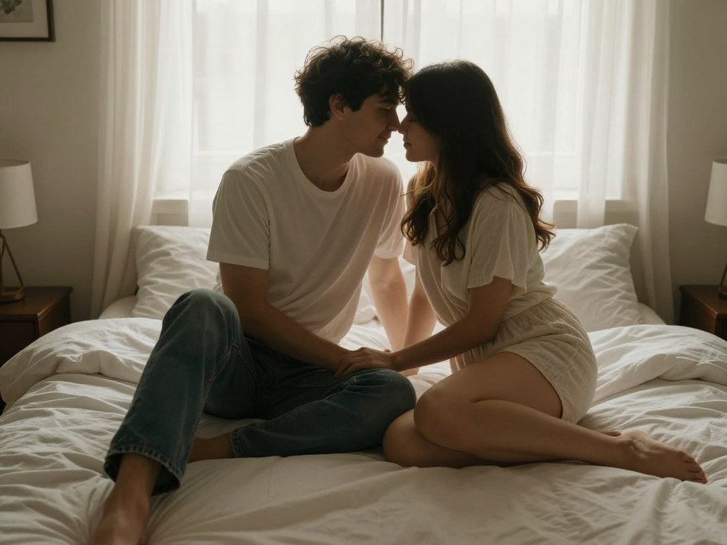engagement photos bedroom morning light intimate couple