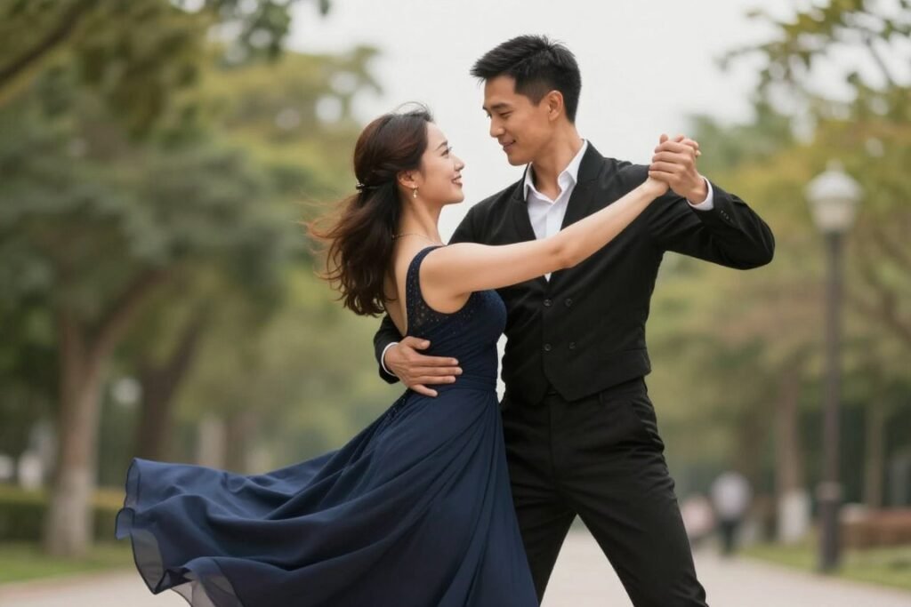 engagement photos couple dancing together romantic pose