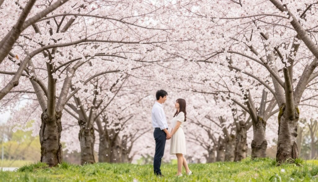 engagement photos spring cherry blossoms flowers couple