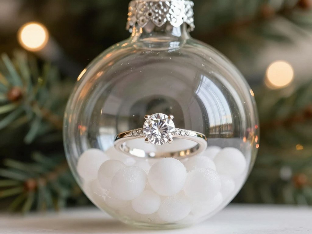 engagement ring hidden in Christmas ornament
