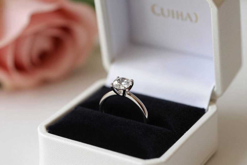 engagement ring in elegant open ring box with soft lighting