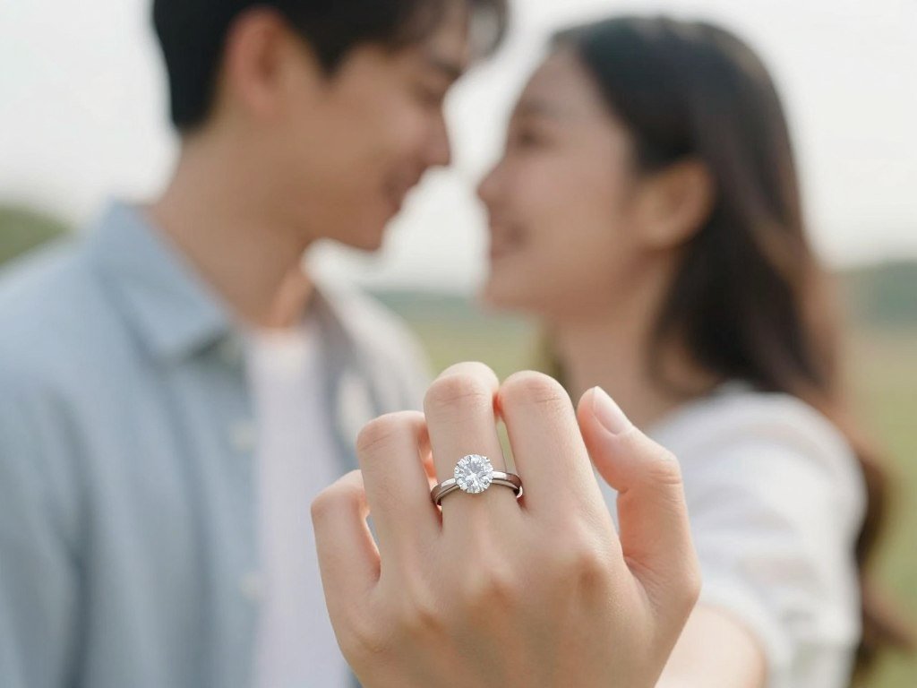 engagement ring on finger with couple in background