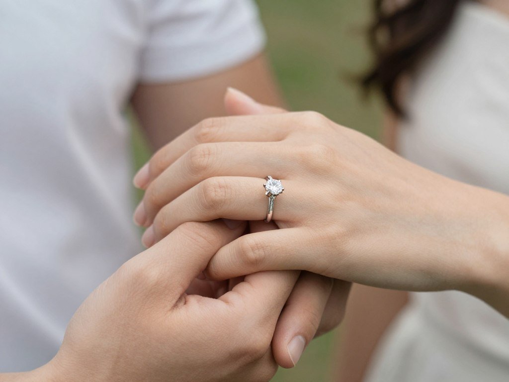 engagement ring photo with couple holding hands