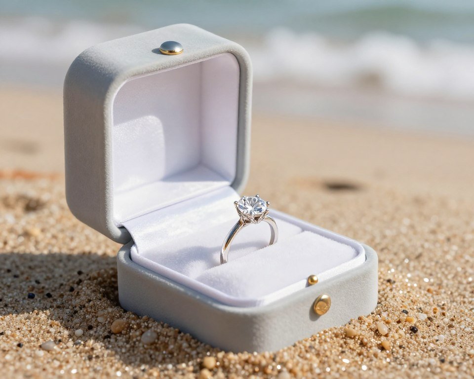 engagement ring secure in waterproof ring box on beach sand with ocean background engagement ring secure in waterproof ring box on beach sand with ocean background