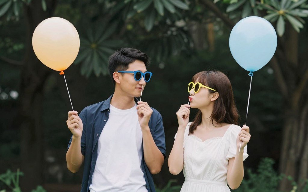 engagement shoot creative fun props balloons couple