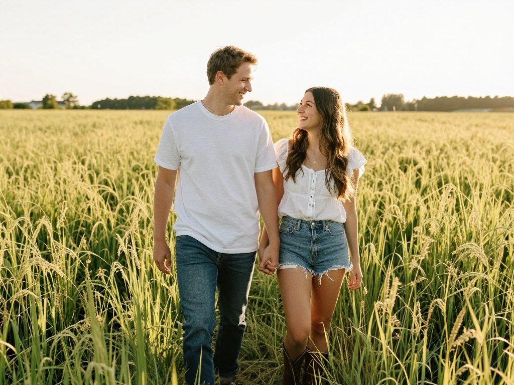 engagement shoot summer field golden hour couple