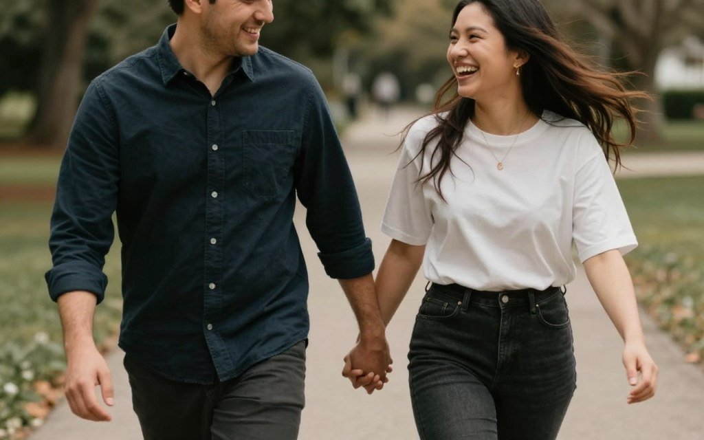engagement shoot walking pose couple hand in hand