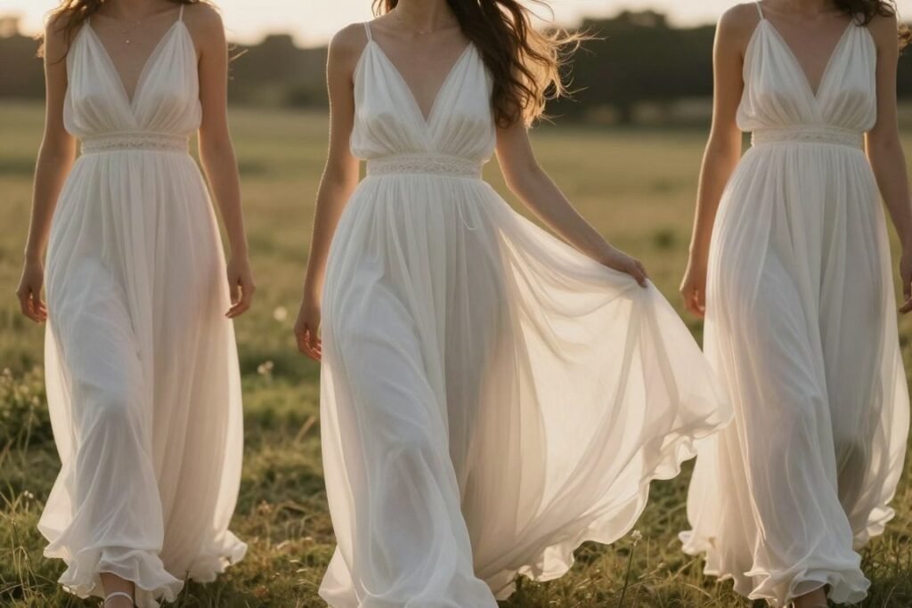 ethereal white bridesmaid dress with flowing fabric