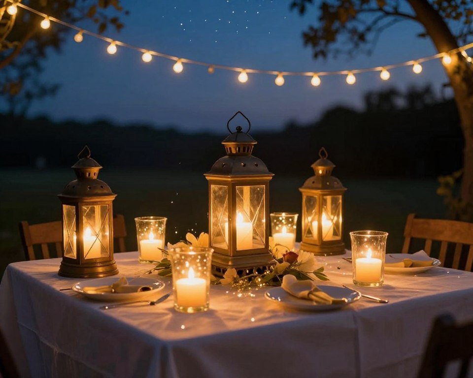evening outdoor memorial with lanterns and fairy lights