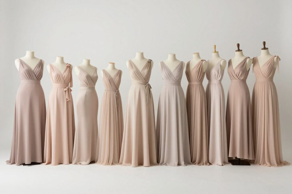 extended size range neutral bridesmaid dresses displayed together