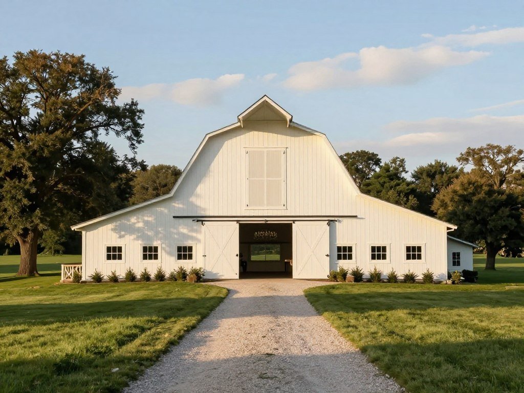 exterior view of restored barn wedding venue in countryside
