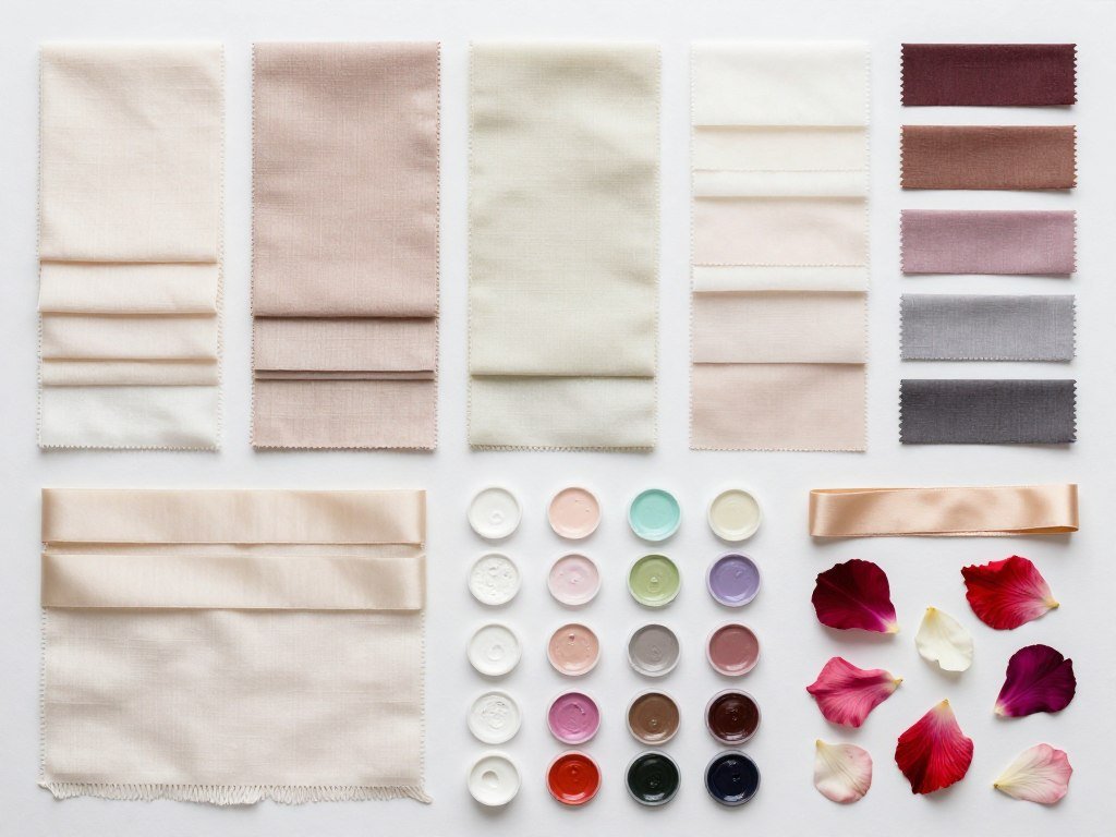 fabric swatches and color samples for wedding planning
