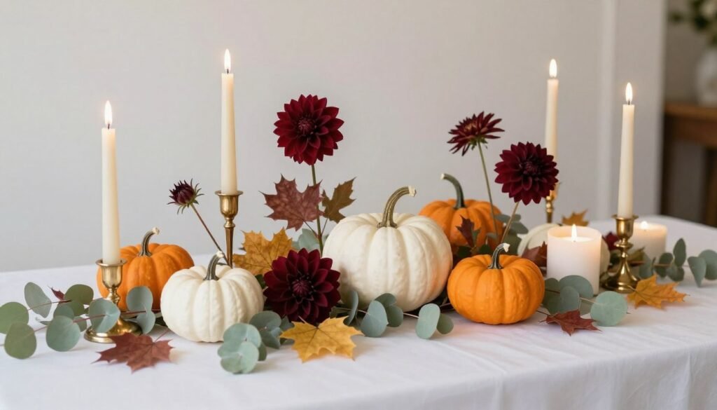 fall bridal shower centerpiece with candles pumpkins and autumn flowers fall bridal shower centerpiece with candles pumpkins and autumn flowers