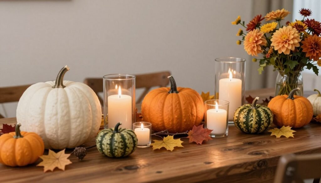 fall bridal shower decoration display with pumpkins, candles, and autumn foliage arrangement