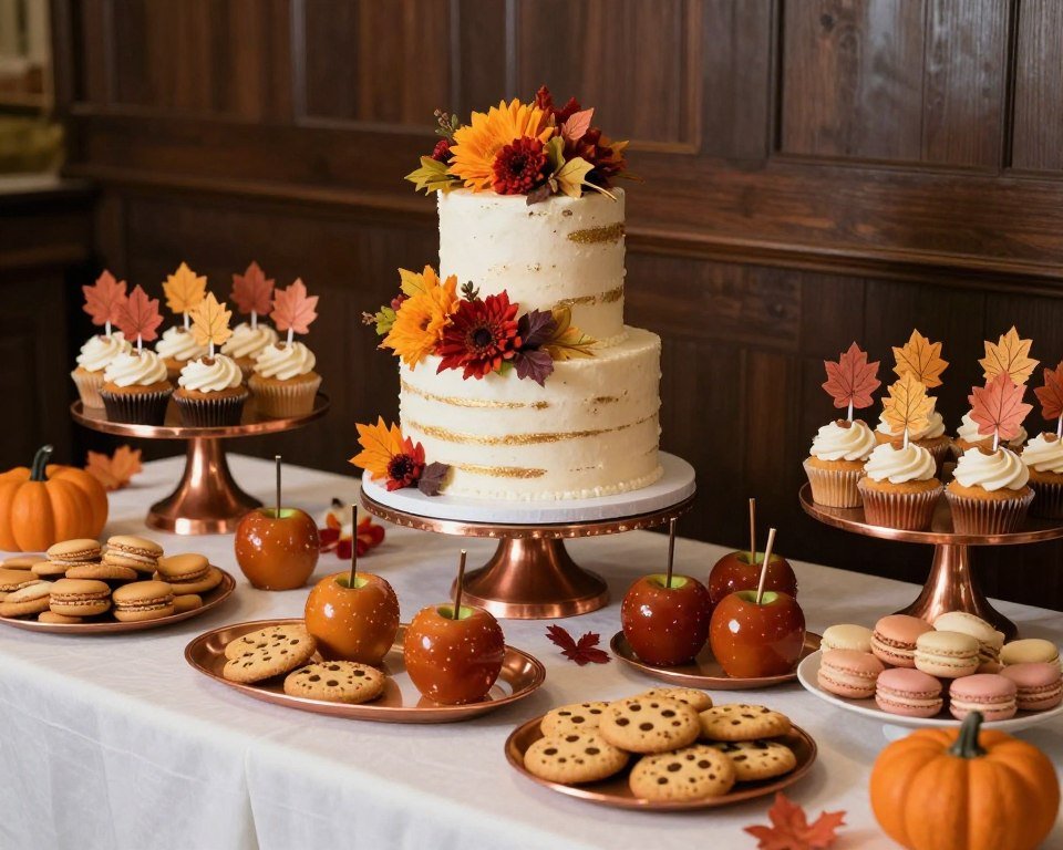 fall bridal shower dessert table with autumn-themed cake and treats