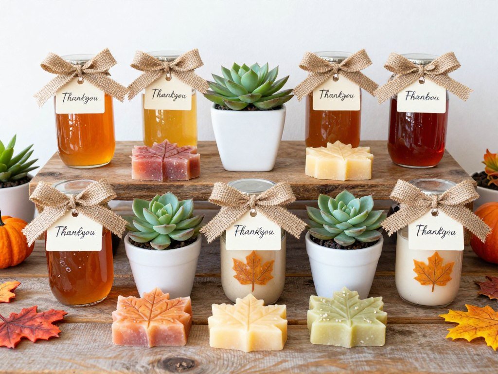 fall bridal shower favors display with mini jars and autumn decorations