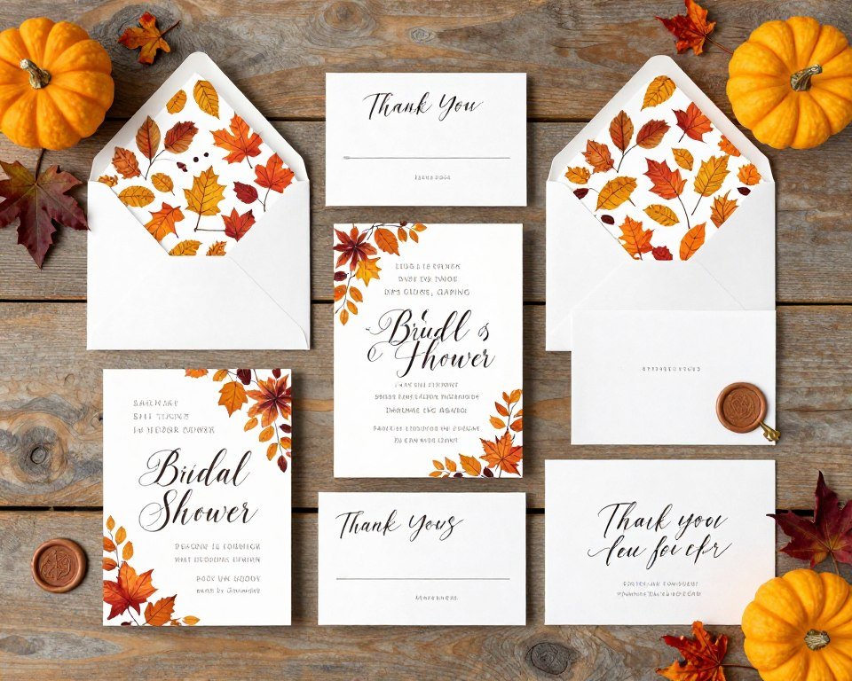 fall bridal shower invitation suite with autumn designs and coordinating stationery