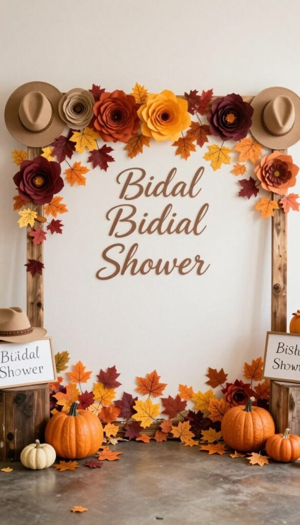 fall bridal shower photo backdrop with autumn decorations and props