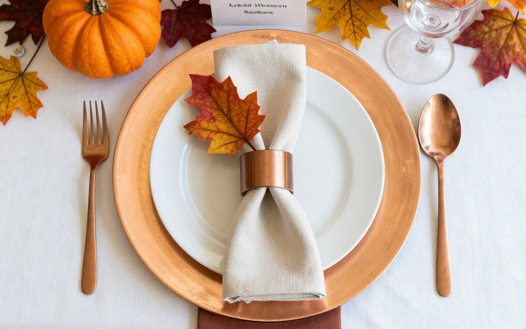 fall bridal shower table place setting with autumn-themed plates, napkins, and utensils