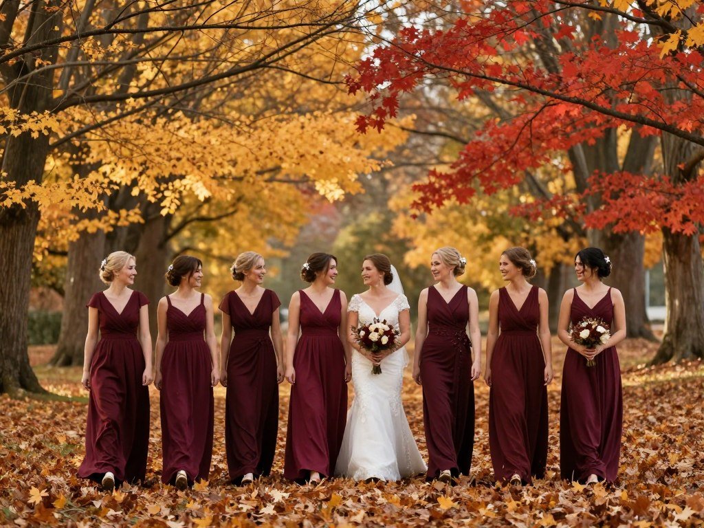 fall bridesmaids with autumn leaves