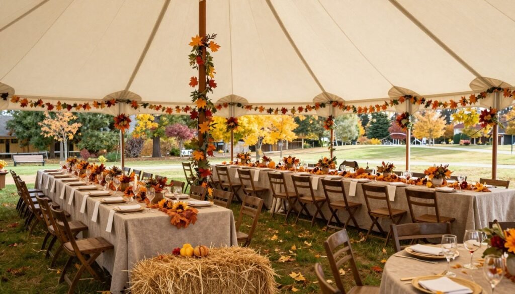 fall outdoor bridal shower venue setup with autumn decorations