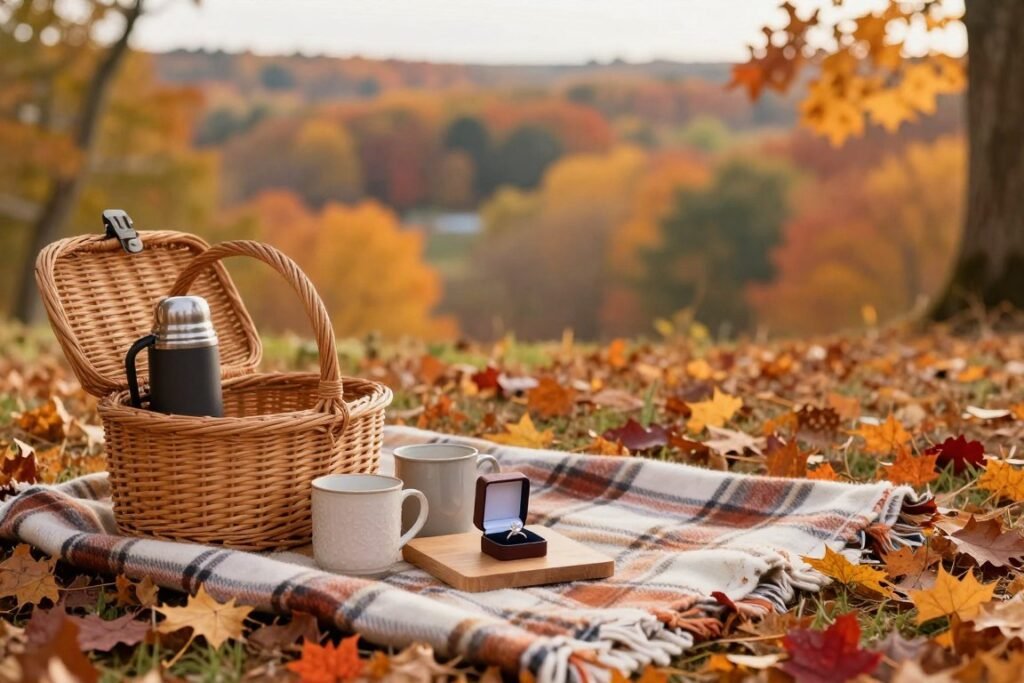 fall proposal setup with autumn leaves and cozy elements fall proposal setup with autumn leaves and cozy elements