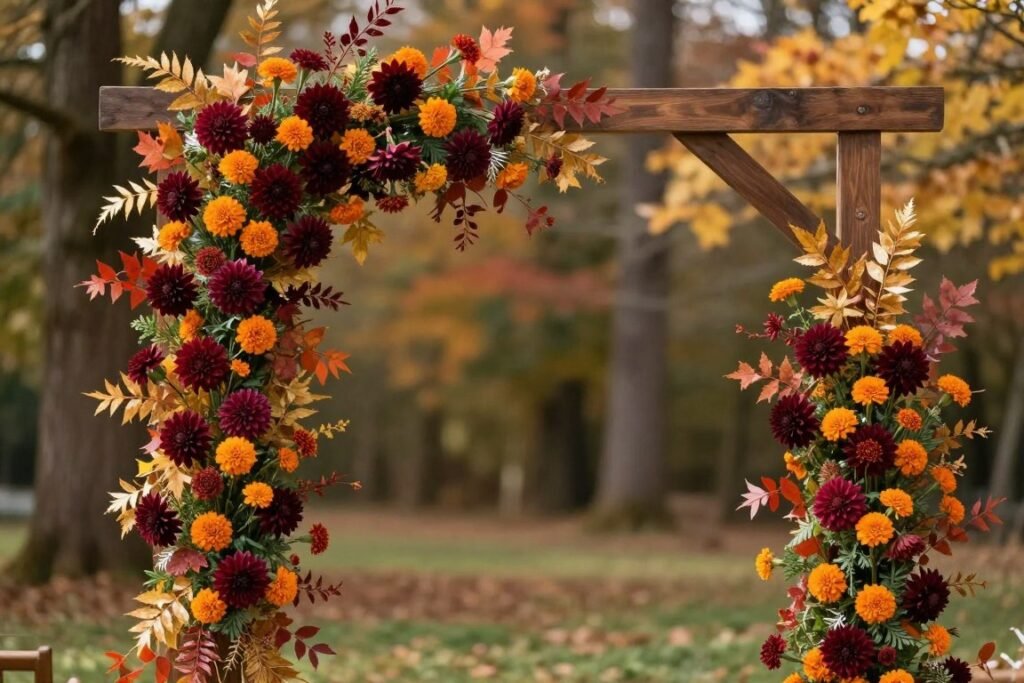 fall wedding arch with autumn leaves and flowers